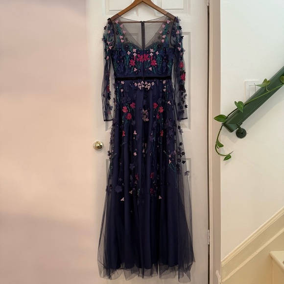 Theia Long Tulle Sleeve Floral Dress Size 6 - Picture 3 of 8